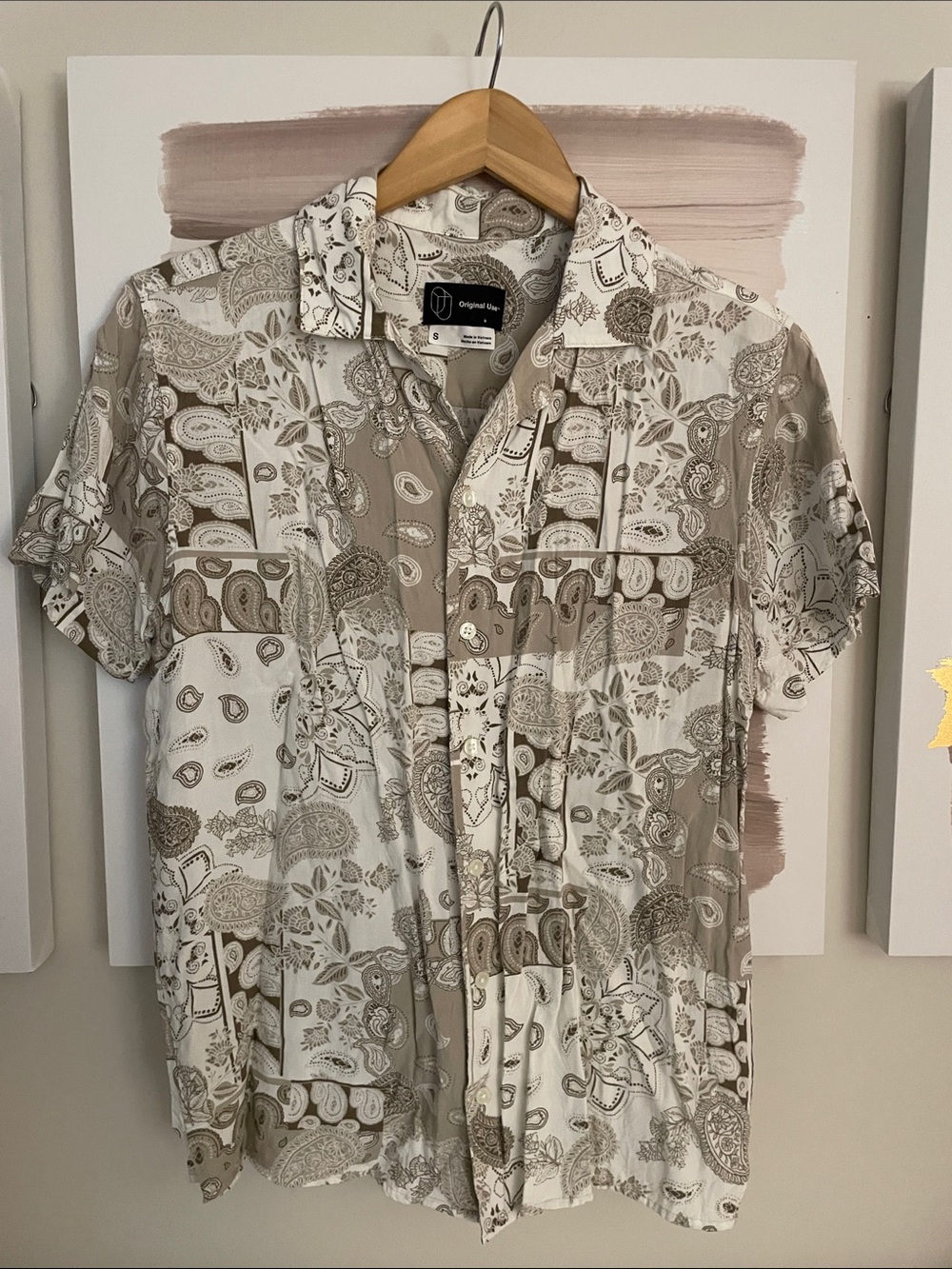 Original Use Beige and White Patchwork Paisley Short-Sleeve Shirt